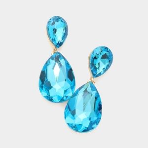 Aqua Blue Dangle Crystal Teardrop Earrings 2 Inch Cute Statement Jewelry Design